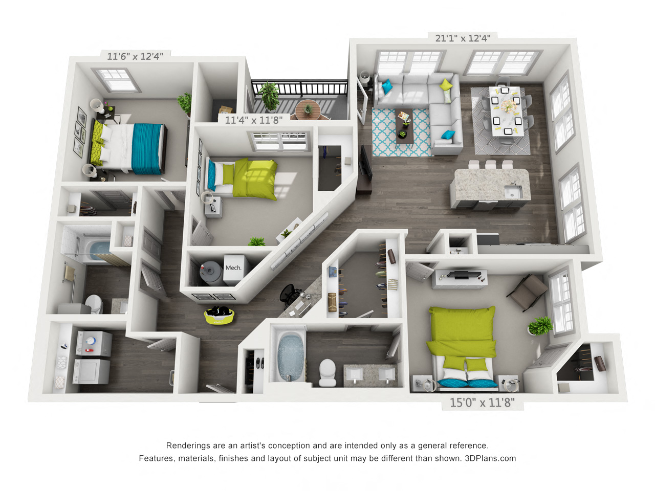 Floor plan for 3 beds, 2 baths, 1605 sqft